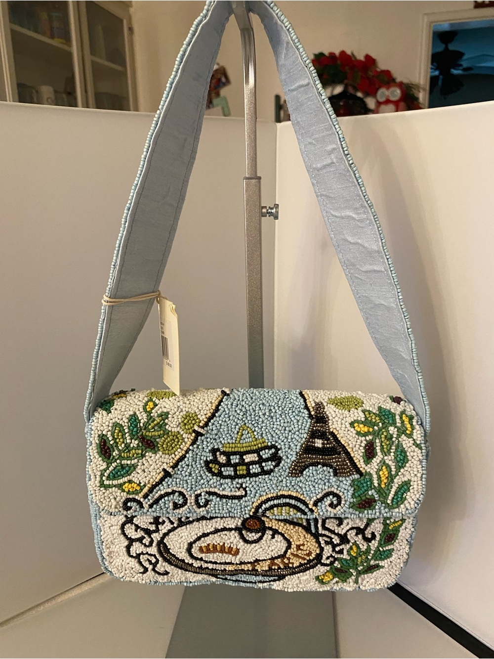 NWT Light Blue Beaded Paris Shoulder Bag with Scenic Motif